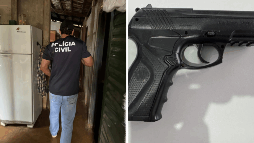 Simulacro de arma de fogo é apreendido com investigado por violência doméstica Simulacro de arma de fogo é apreendido com investigado por violência doméstica