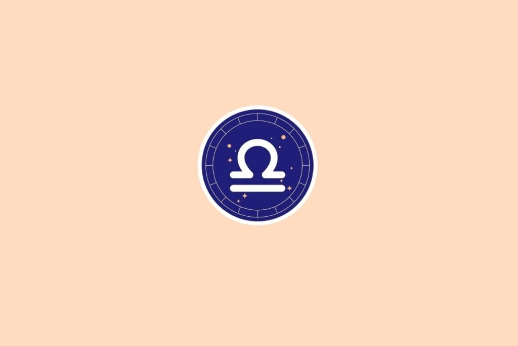 Ilustração do signo de libra em um círculo azul em cima de um fundo bege
