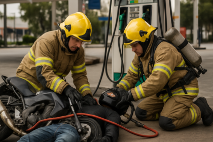 Motociclista perde o controle e colide com bomba de combustível na Avenida Goiás