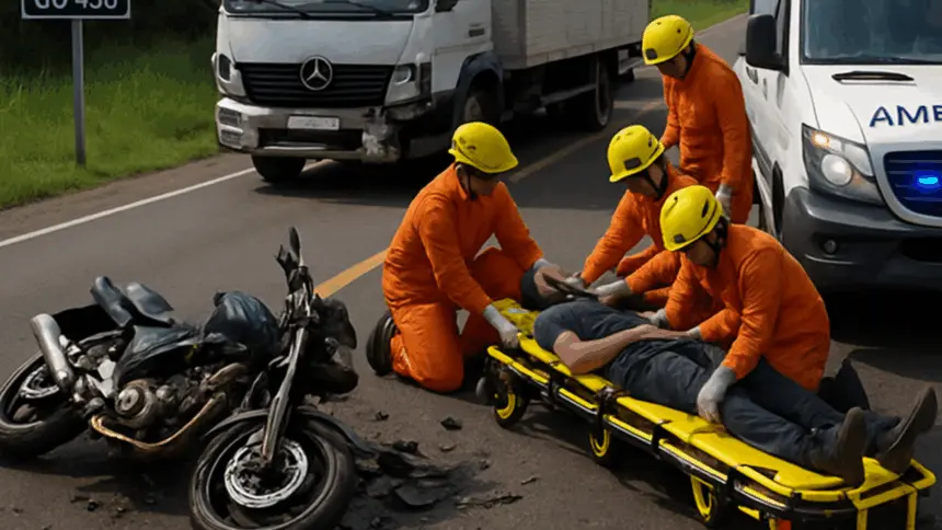 Bombeiros de Goianésia são acionados para socorrer motociclista após acidente com caminhão na GO-438 Bombeiros de Goianésia são acionados para socorrer motociclista após acidente com caminhão na GO-438