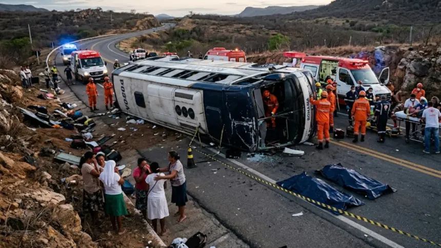 Ônibus com romeiros tomba no Ceará e provoca morte de duas pessoas Ônibus com romeiros tomba no Ceará e provoca morte de duas pessoas