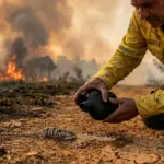 Brigadista resgata lagarto durante incêndio florestal no Parque Estadual de Terra Ronca