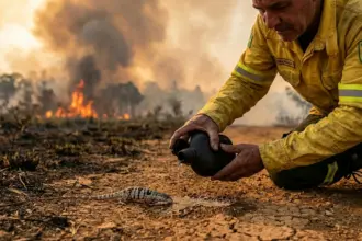 Brigadista resgata lagarto durante incêndio florestal no Parque Estadual de Terra Ronca