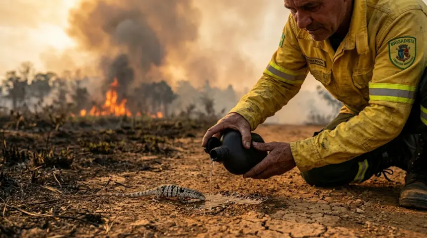 Brigadista resgata lagarto durante incêndio florestal no Parque Estadual de Terra Ronca