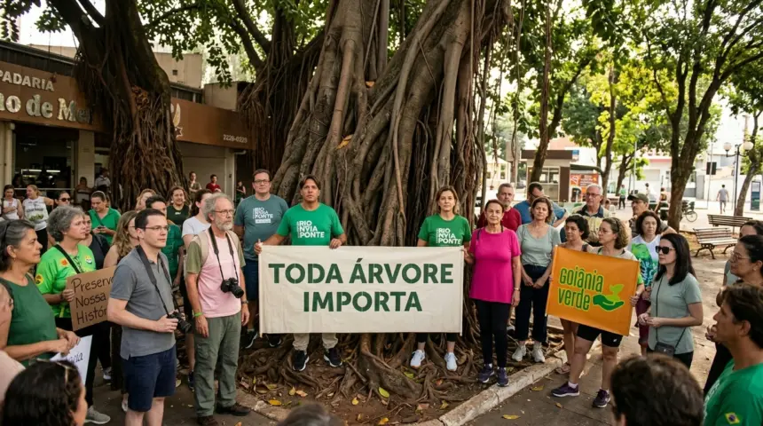 Moradores de Goiânia protestam contra a remoção de gameleiras centenárias Moradores de Goiânia protestam contra a remoção de gameleiras centenárias