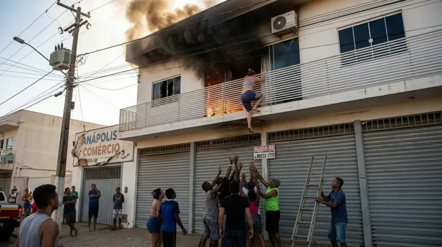 Mulher salta de sacada em Anápolis para escapar de incêndio provocado por descarga elétrica Mulher salta de sacada em Anápolis para escapar de incêndio provocado por descarga elétrica
