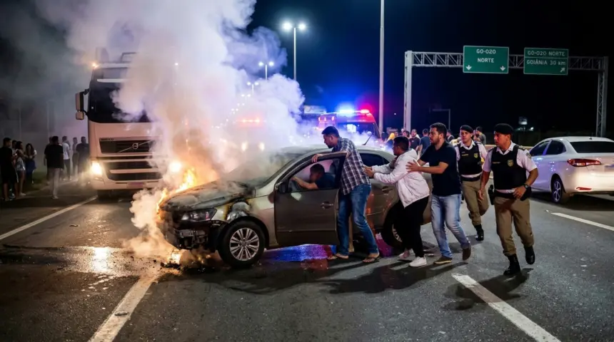 Acidente na Go-020 termina em morte após tentativa de resgate em veículo em chamas Acidente na Go-020 termina em morte após tentativa de resgate em veículo em chamas