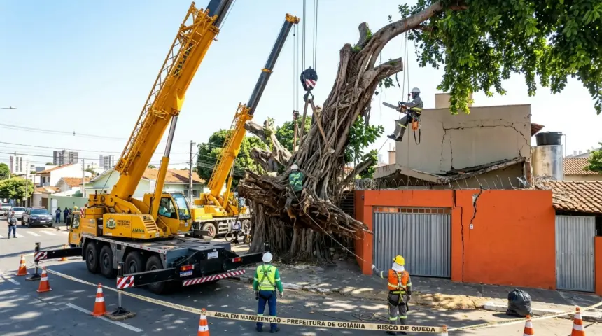 Gameleira causa danos em residência e será removida com auxílio de guindastes em Goiânia