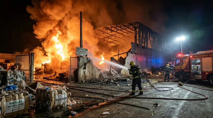 Incêndio em depósito de recicláveis mobiliza bombeiros em Anápolis Incêndio em depósito de recicláveis mobiliza bombeiros em Anápolis