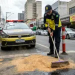Serragem é utilizada por agentes para conter óleo em via movimentada de Goiânia