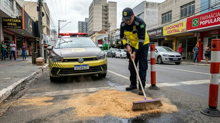 Serragem é utilizada por agentes para conter óleo em via movimentada de Goiânia